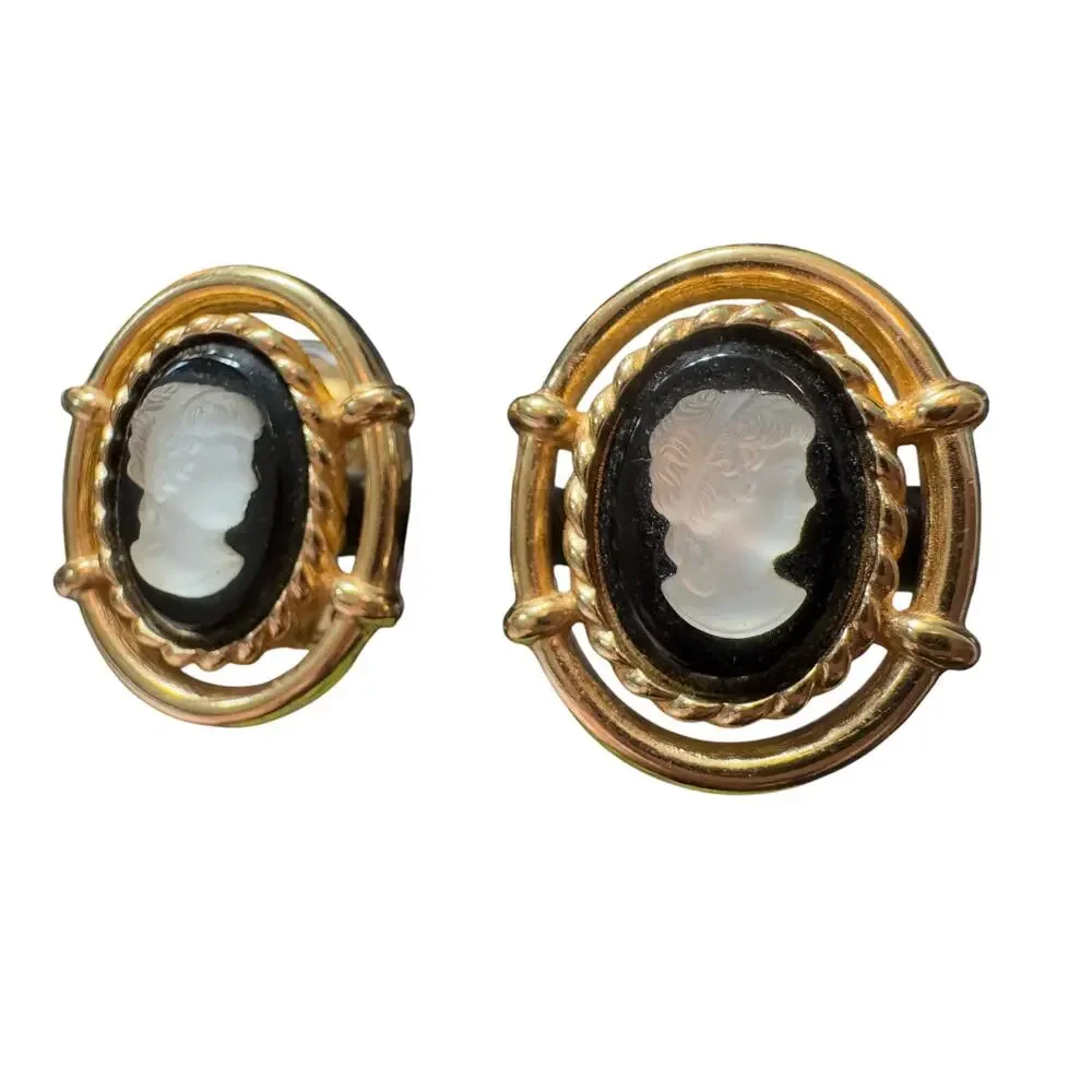 Auth. Vintage Burberry Gold Tone Chunky Cameo Earrings EUC